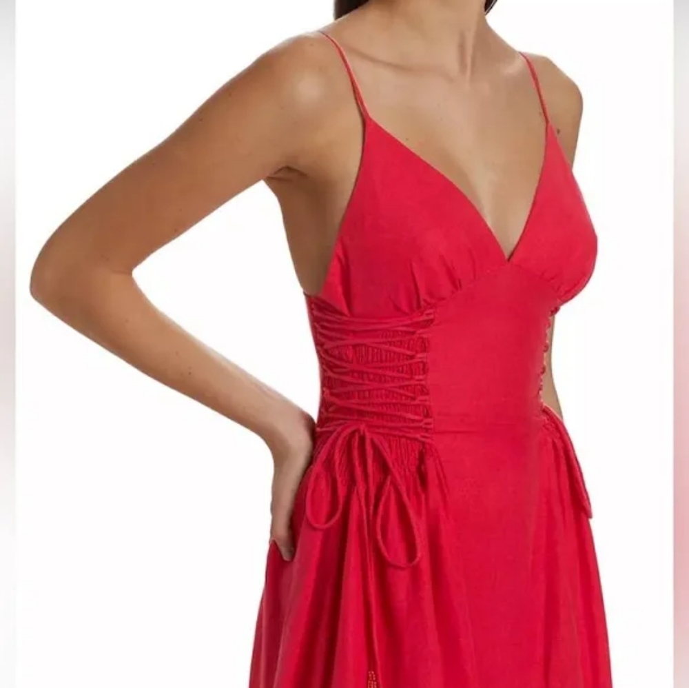 Farm rio Linen-Blend Lace-Up Midi-Dress red sz L,XL BNWT - Picture 7 of 13